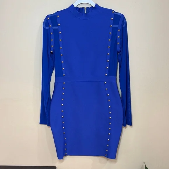 Blue Gold Embellished Bodycon Dress Mock Neck - Picture 1 of 5